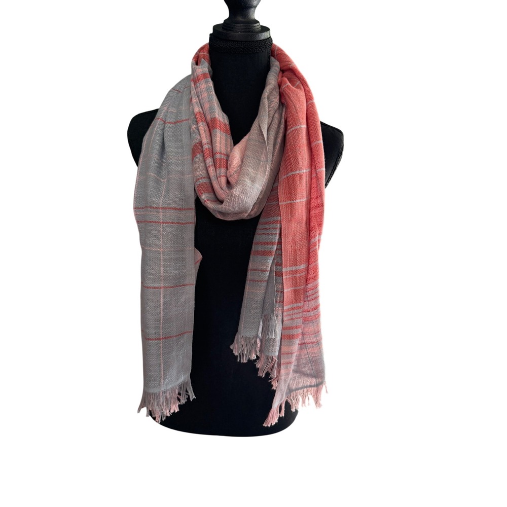 J. Jill Pink Gray Plaid Cotton Scarf Wrap Shawl‎ 27"x74" Coastal Cottagecore